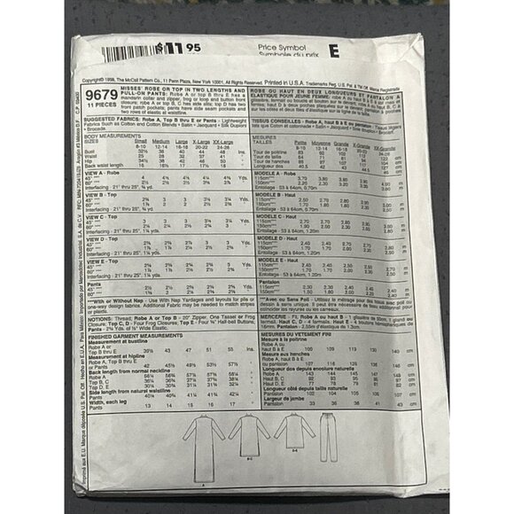 McCalls 9679 Sewing Pattern Womens Neru Colar Tunic Top Pants Robe Large Easy - Picture 4 of 4